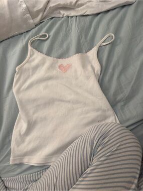 Brandy Melville White Ribbed Tank with Pink Trim